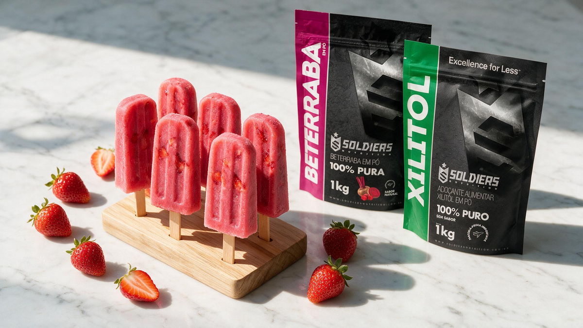 Picolé proteico rosa-avermelhado de beterraba com morango e Xylitol Soldiers, servido em suporte de madeira com morangos frescos ao redor.