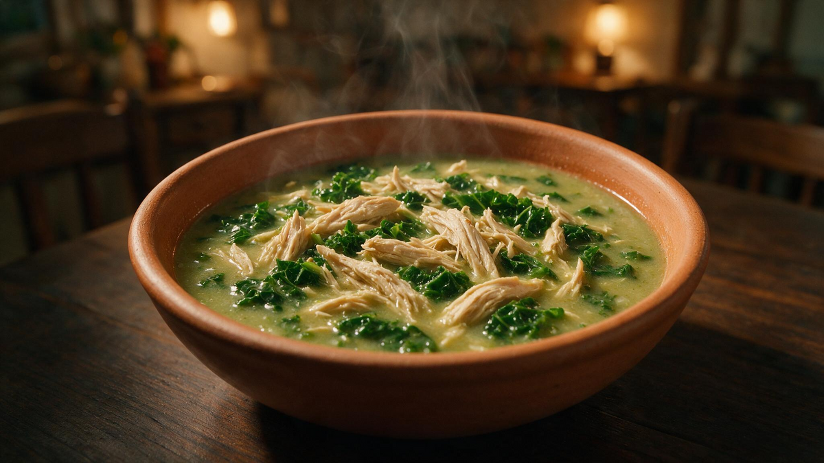 Caldo verde proteico com frango desfiado e couve manteiga verde vibrante servido em tigela rústica, ao lado do Complexo B Premium Íntera Daily Soldiers.