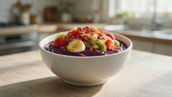 Bowl de açaí tradicional com frutas frescas da estação, granola e mel, servido em bowl de cerâmica sobre mesa de madeira clara.