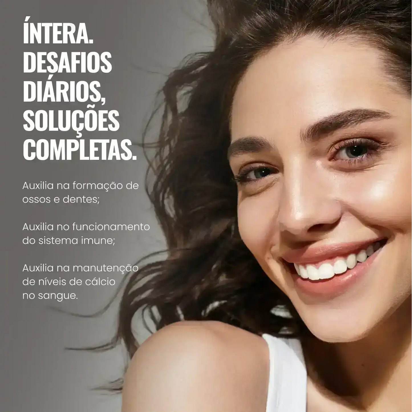 Mulher sorrindo ao lado de texto sobre benefícios de suplemento para ossos, dentes e imunidade.