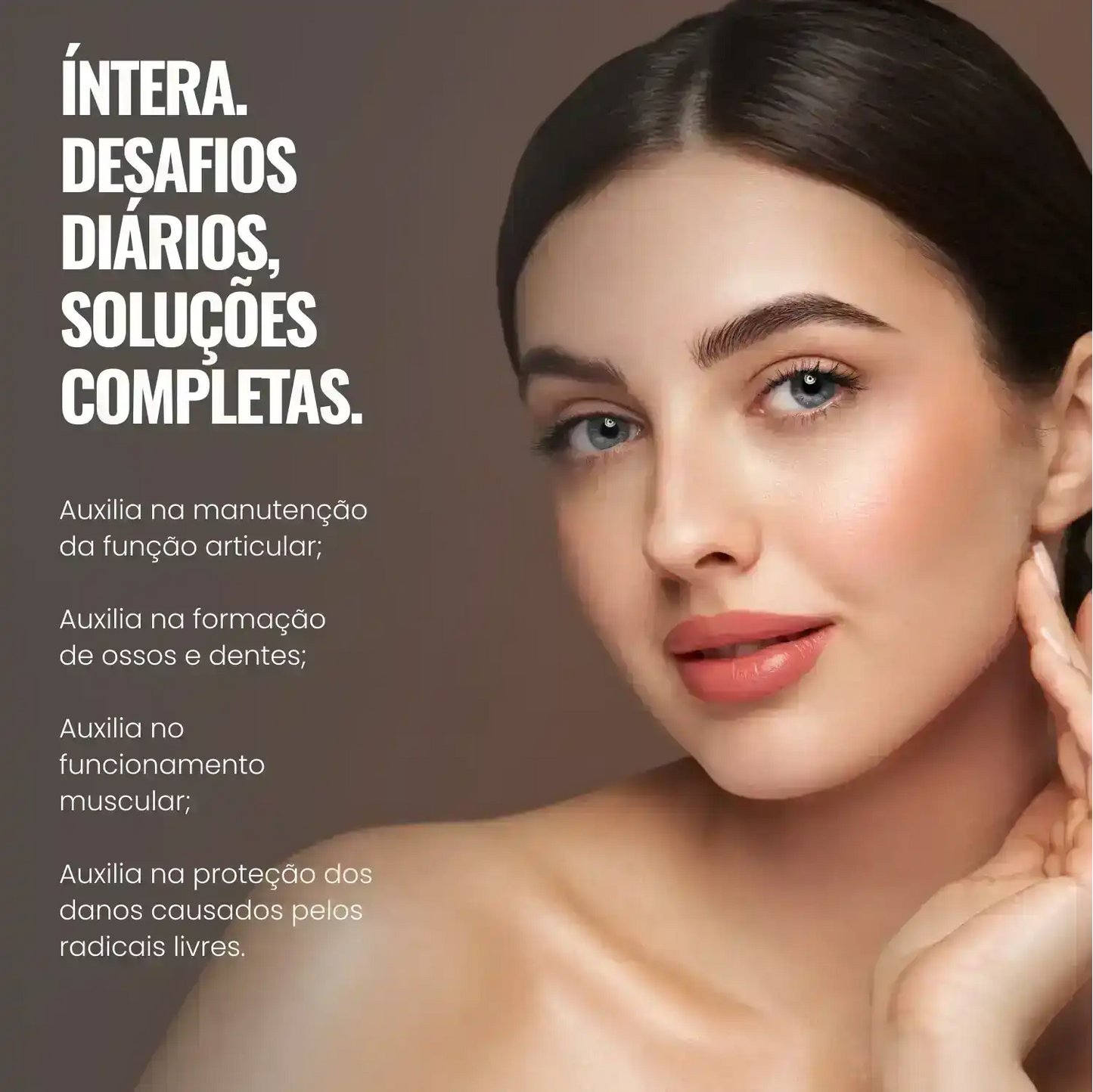 Mulher com pele saudável e texto sobre benefícios de suplemento para articulações, ossos e músculos.