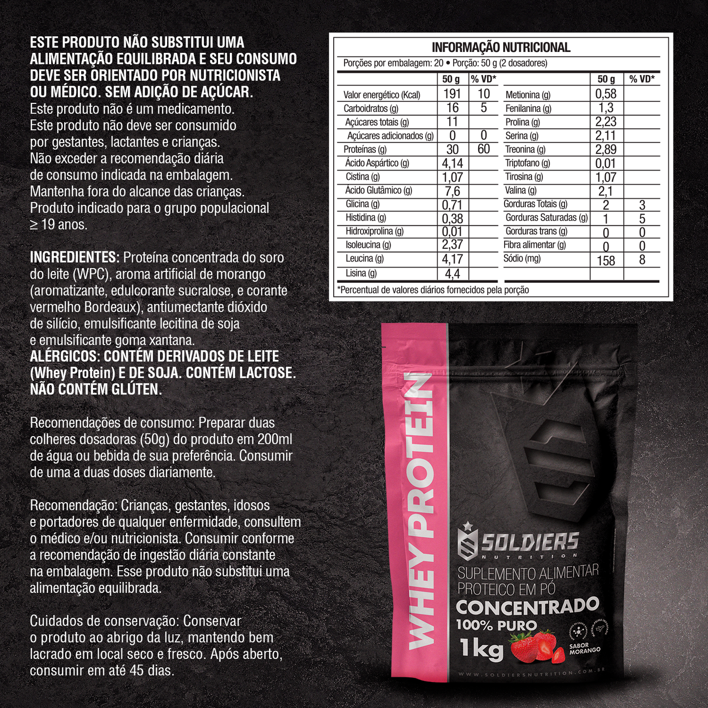 Whey Protein Concentrado 1Kg - Morango - Importado - Soldiers Nutrition