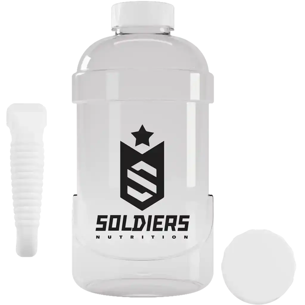 Garrafa grande transparente para suplementos com logo Soldiers Nutrition, tampa e misturador