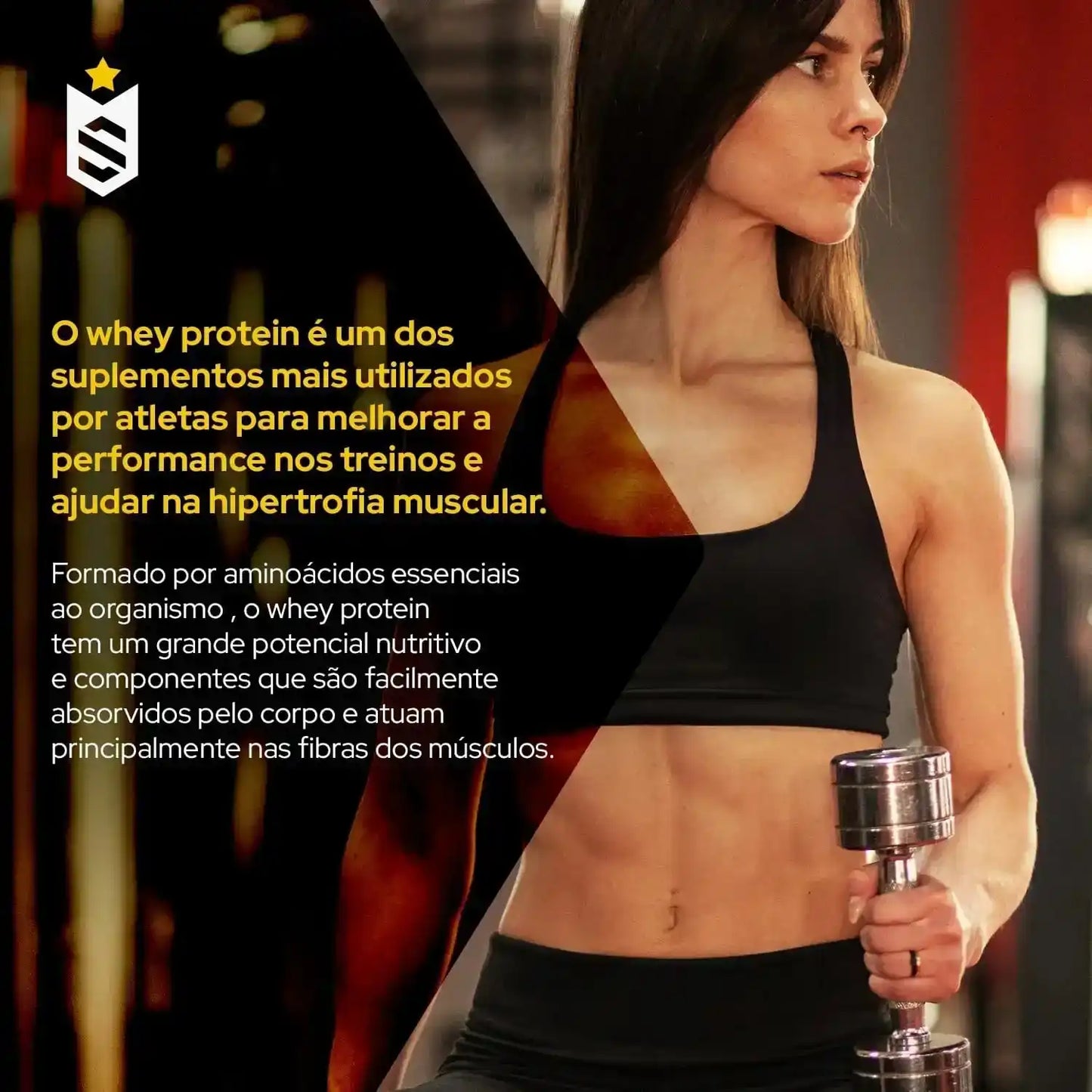 Mulher fit segurando haltere na academia, foco em treino, suplemento whey protein, hipertrofia muscular.