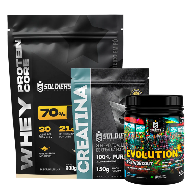 Kit Whey Core 900g + Pré-Treino Evoluition 300g + Creatina 150g