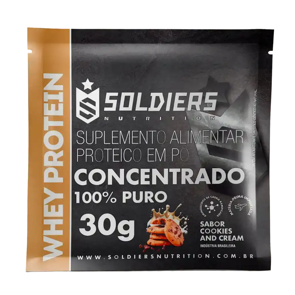 Sachê de whey protein concentrado cookies and cream 30g, suplemento alimentar proteico em pó.