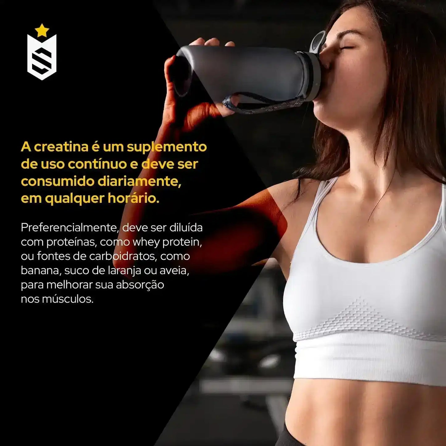 Mulher tomando suplemento na academia, informações sobre creatina destacadas na imagem.