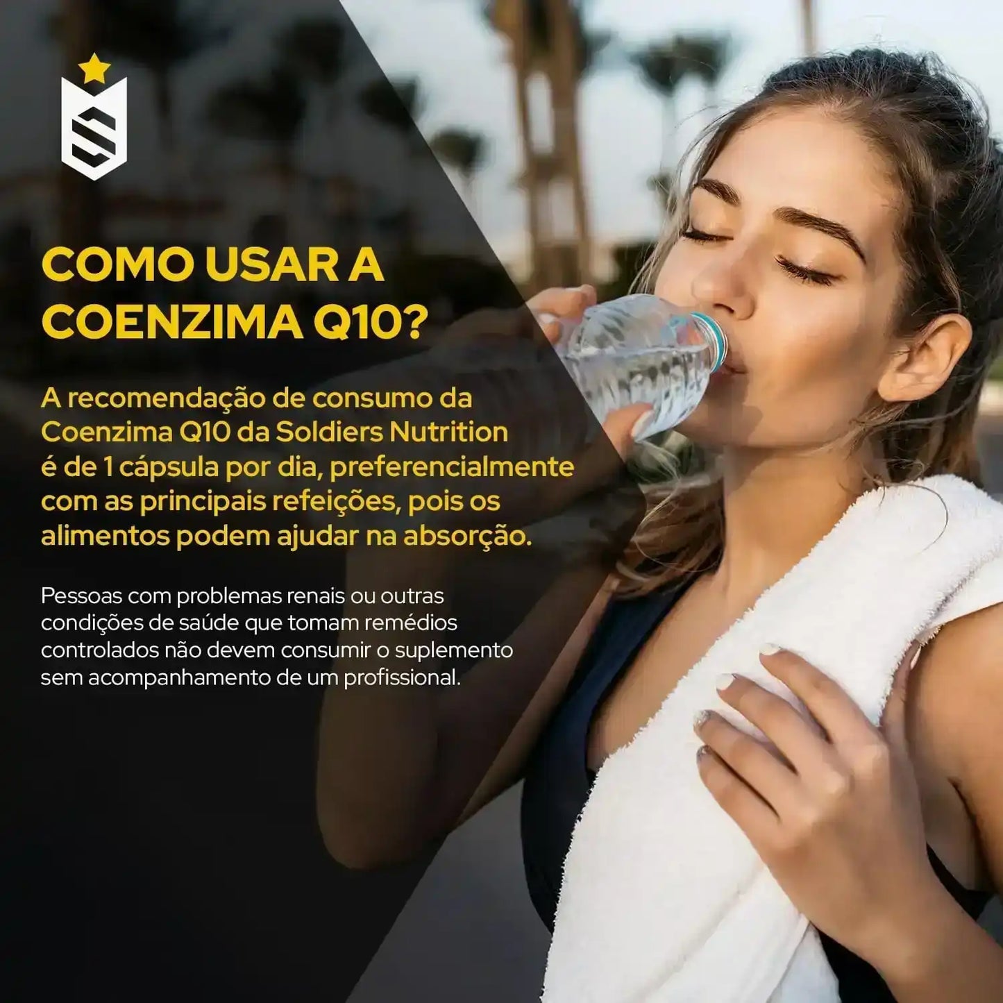 Mulher praticando exercícios ao ar livre bebendo água, toalha nos ombros, dicas sobre uso da Coenzima Q10 destacadas ao lado, suplemento nutricional para saúde e bem-estar.