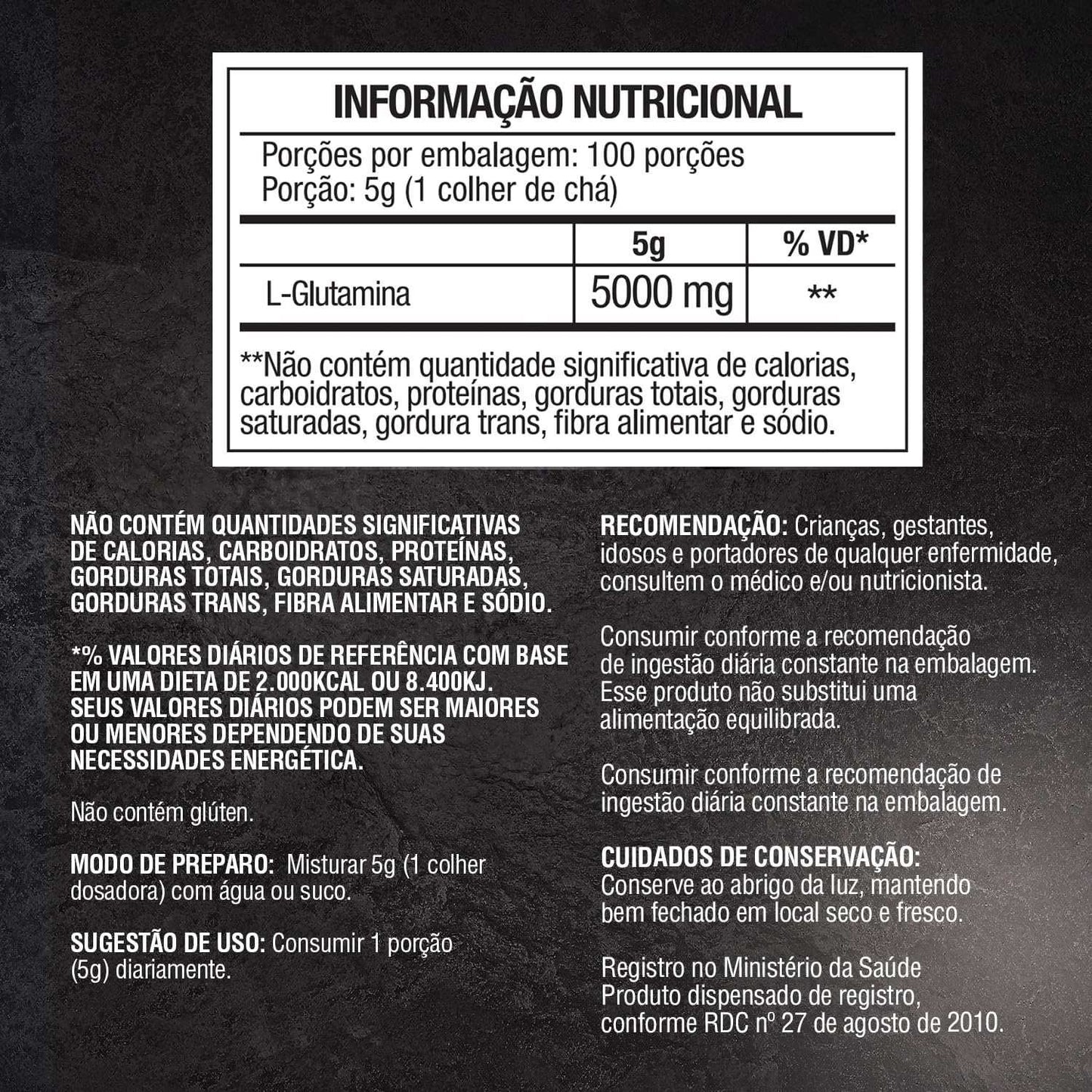 Tabela nutricional de suplemento L-Glutamina 5000 mg em pó, 100 porções, instruções de uso em português