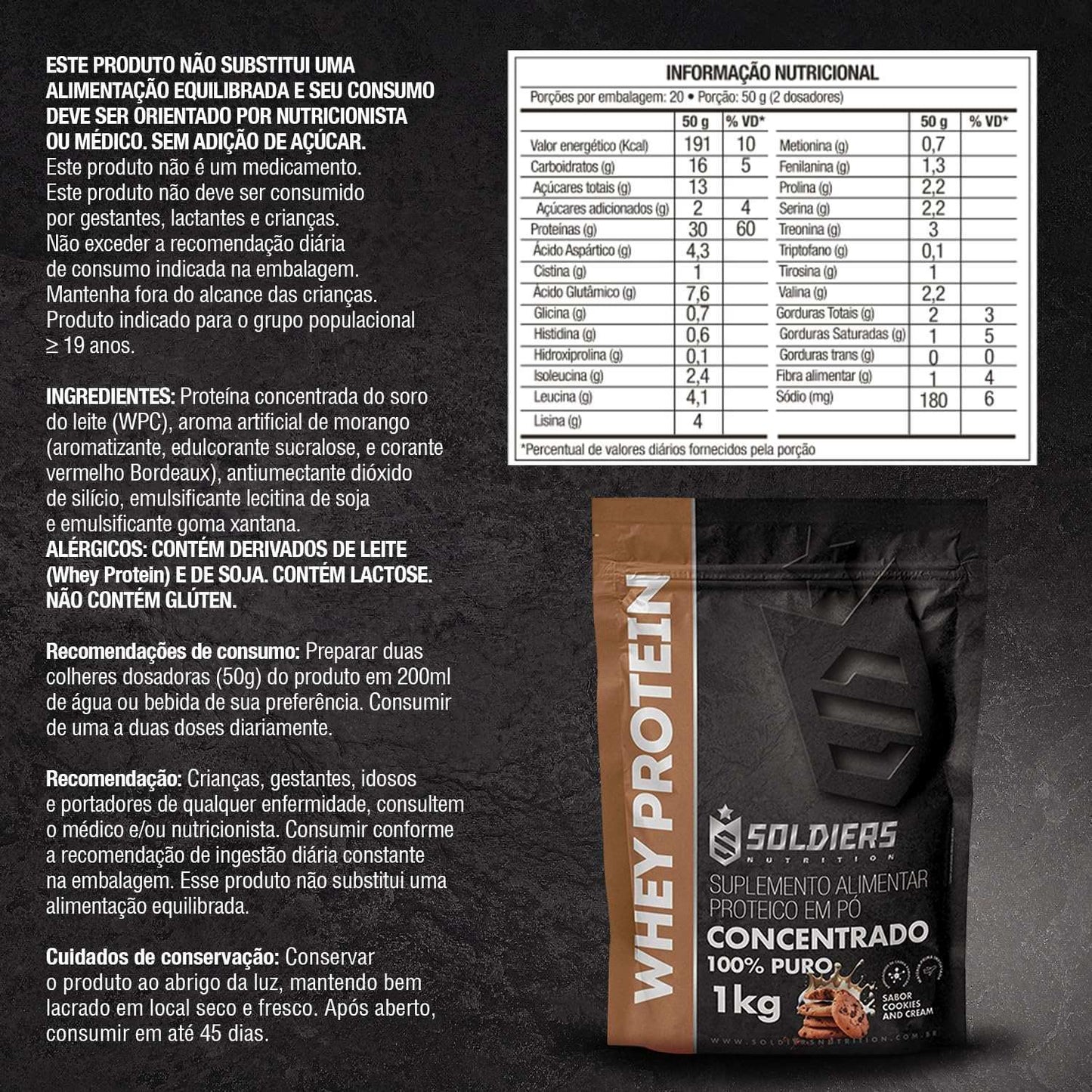Embalagem de suplemento whey protein 1kg sabor cookies and cream, tabela nutricional ao lado.