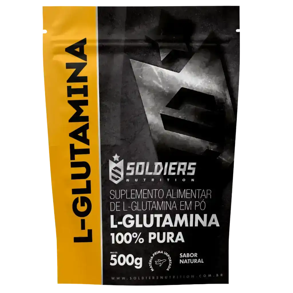 Embalagem de suplemento alimentar L-Glutamina 100% pura em pó, 500g, sabor natural.
