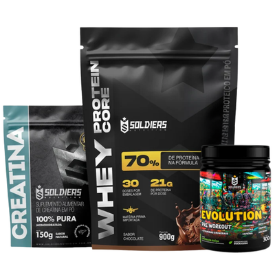Kit Whey Core 900g + Pré-Treino Evoluition 300g + Creatina 150g
