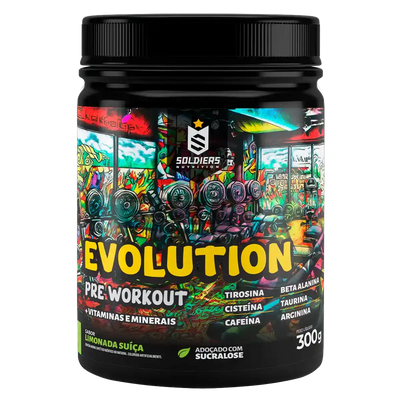 Pote de suplemento pré-treino Evolution, sabor limonada suíça, com rótulo colorido e ingredientes destacados como vitaminas, minerais, cafeína e tirosina.
