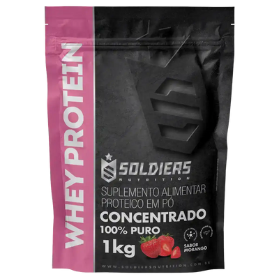 Embalagem de whey protein concentrado 1kg sabor morango, suplemento proteico em pó.