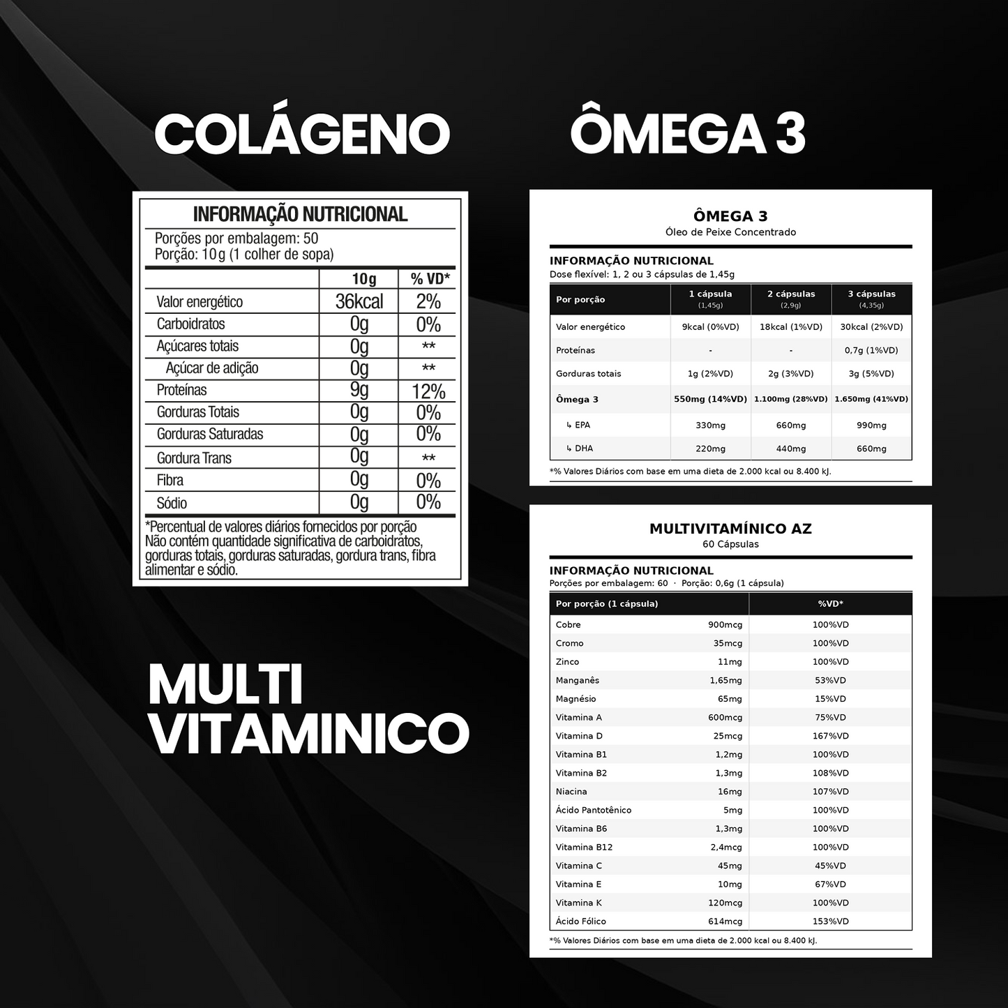 Kit Colágeno 500g + Ômega 3 60 Cáps + Multivitaminico 60 Cáps
