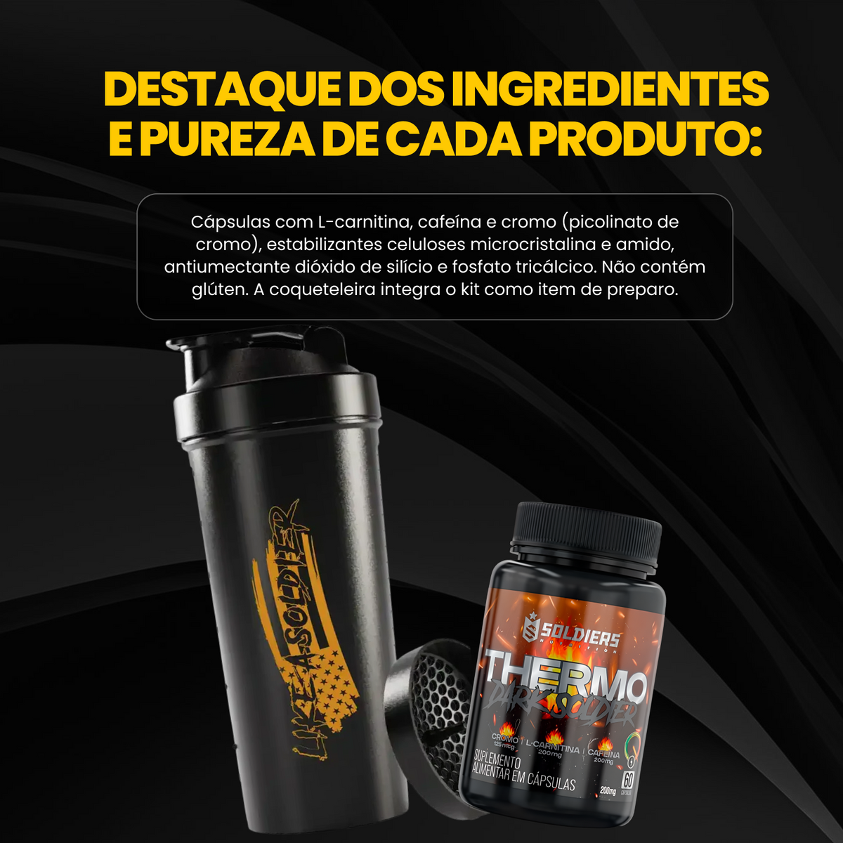 Kit Thermo Dark 200mg Cafeína 60 Cáps + Coqueteleira Slim Like a Soldier 600ml