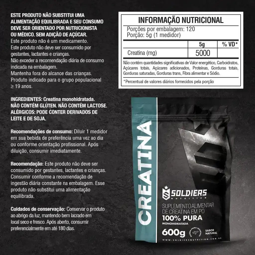 Creatina Monohidratada 1200g Soldiers Nutrition 100% Pura Importada Alta Performance Músculo Treino