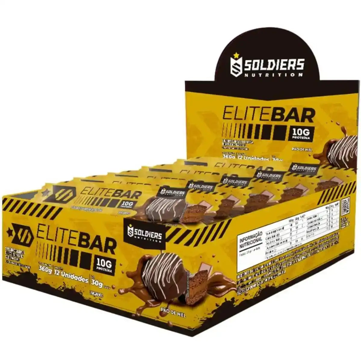 Caixa de barras de proteína EliteBar sabor pão de mel com 10g de proteína cada, embalagem amarela.