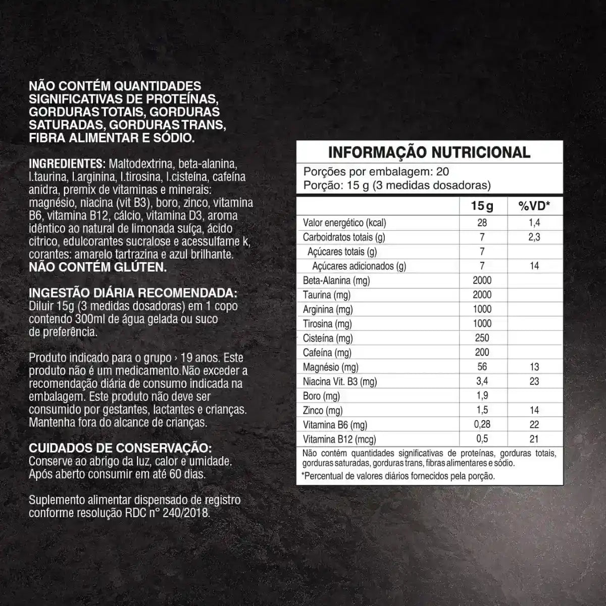Tabela nutricional e ingredientes de suplemento alimentar em pó, informações em português.
