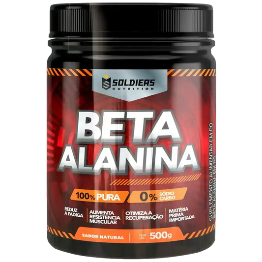 Pote de suplemento alimentar Beta Alanina em pó sabor natural, 500g, etiqueta vermelha.