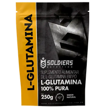 Embalagem de suplemento alimentar L-Glutamina em pó 100% pura, 250g, sabor natural.