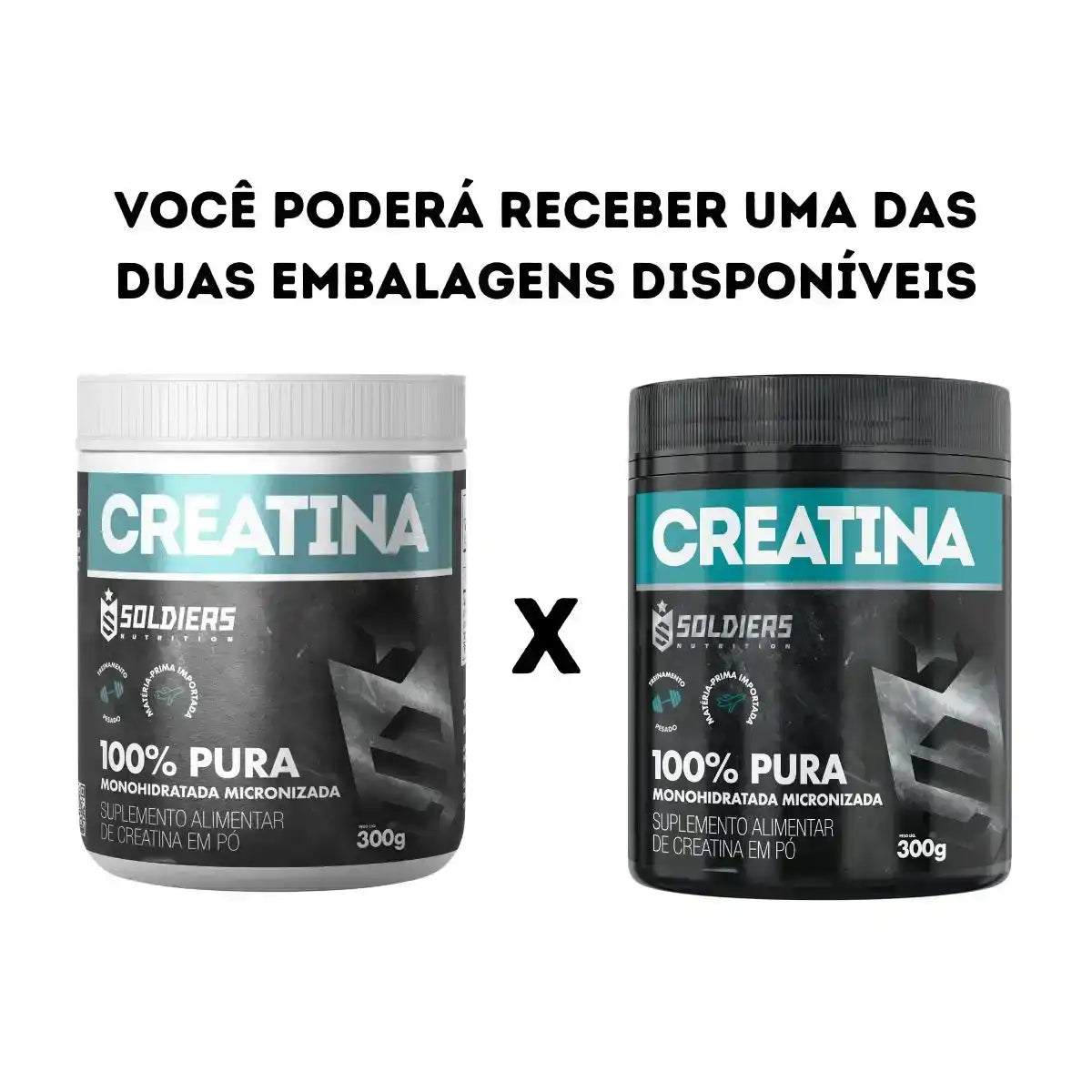 Dois potes de creatina monohidratada 100% pura, embalagens preta e branca, suplemento alimentar