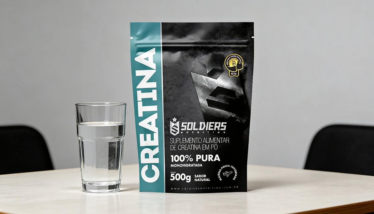 Pacote de Creatina Monohidratada Soldiers Nutrition 500g ao lado de um copo de água em uma mesa