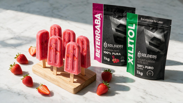 Picolé proteico rosa-avermelhado de beterraba com morango e Xylitol Soldiers, servido em suporte de madeira com morangos frescos ao redor.