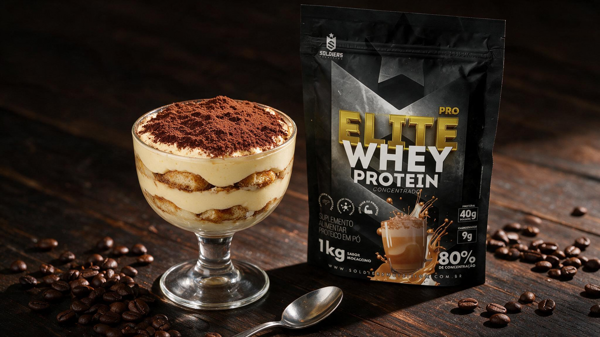 Tiramisù proteico com Elite Pro Whey Protein Soldiers sabor Mocaccino, servido em taça de vidro com camadas de creme e biscoito e cacau em pó por cima.