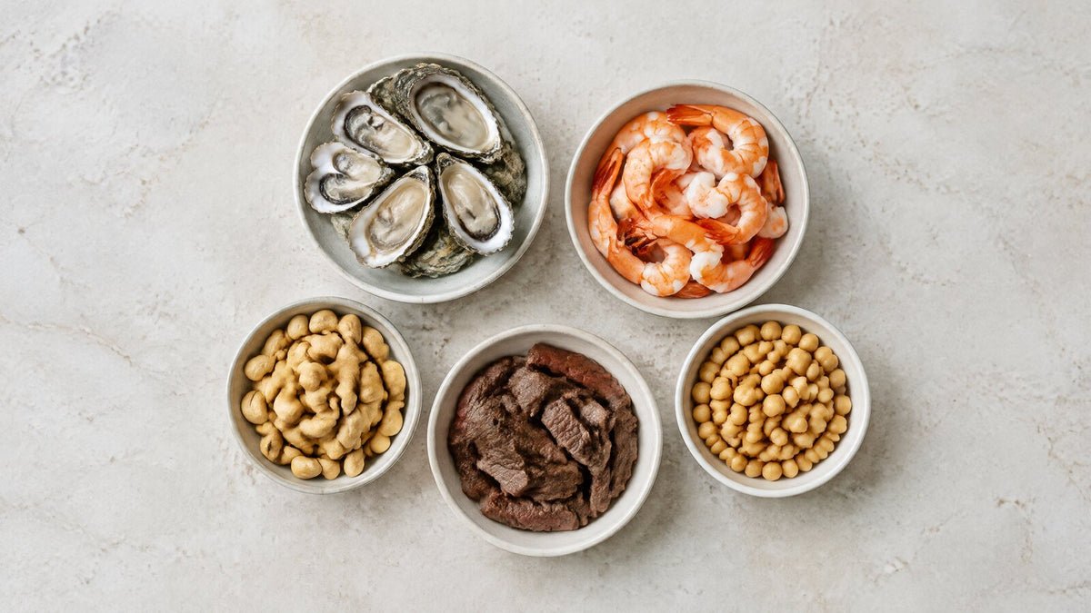 Alimentos ricos em zinco: carnes, frutos do mar, castanhas e grãos em números