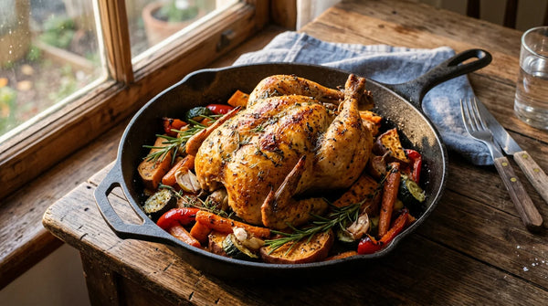 Frango Assado com Legumes de Época no Forno