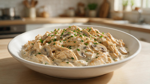 Strogonoff saudável de frango com molho cremoso de iogurte natural e cogumelos, servido em prato fundo e finalizado com salsinha fresca.