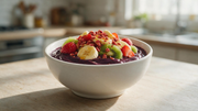 Bowl de açaí tradicional com frutas frescas da estação, granola e mel, servido em bowl de cerâmica sobre mesa de madeira clara.