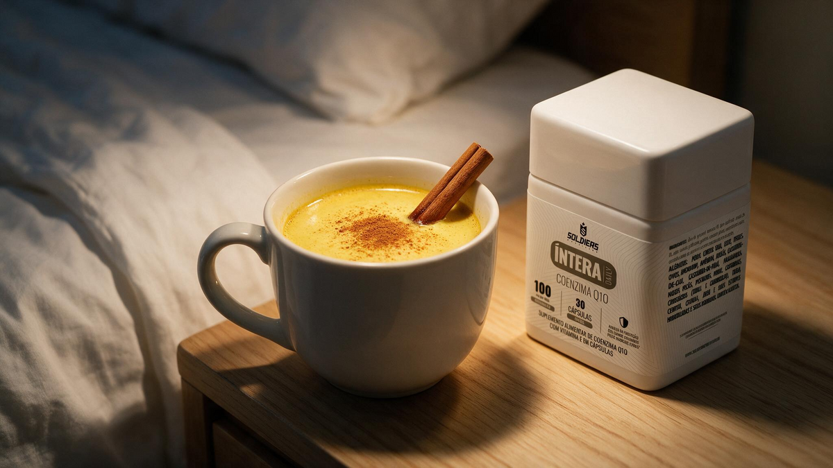 Golden Milk vegano dourado com cúrcuma e canela servido em caneca de cerâmica, ao lado do Coenzima Q10 Íntera Daily Soldiers.