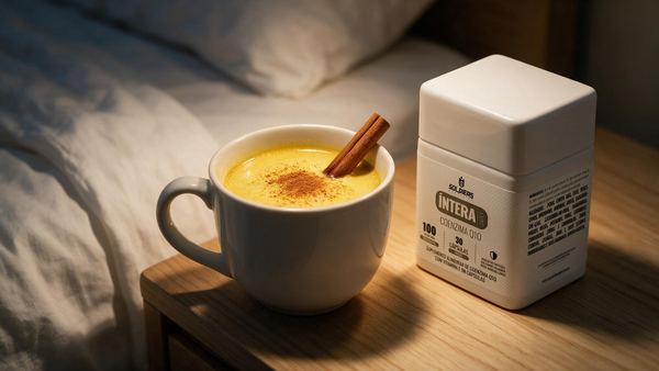 Golden Milk vegano dourado com cúrcuma e canela servido em caneca de cerâmica, ao lado do Coenzima Q10 Íntera Daily Soldiers.