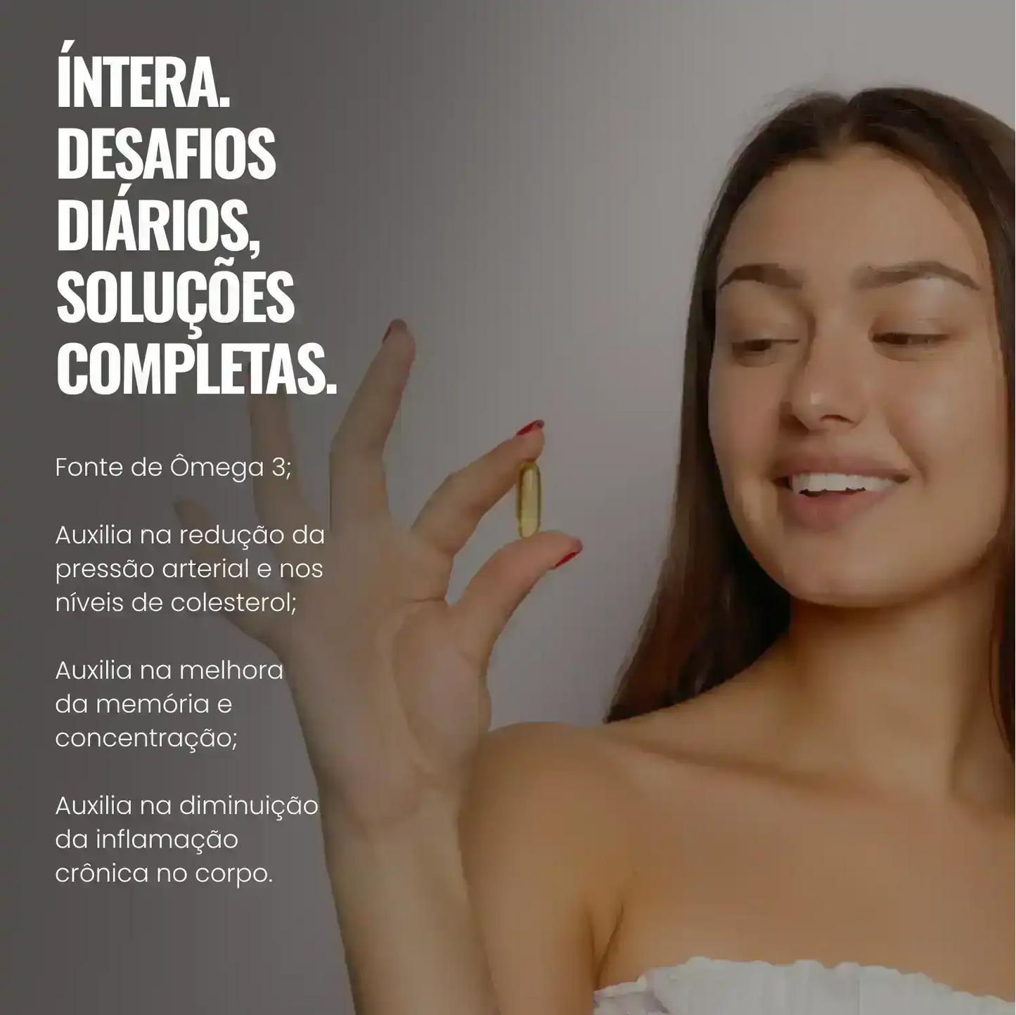 Mulher sorrindo segurando cápsula de ômega 3, benefícios do suplemento destacados ao lado.