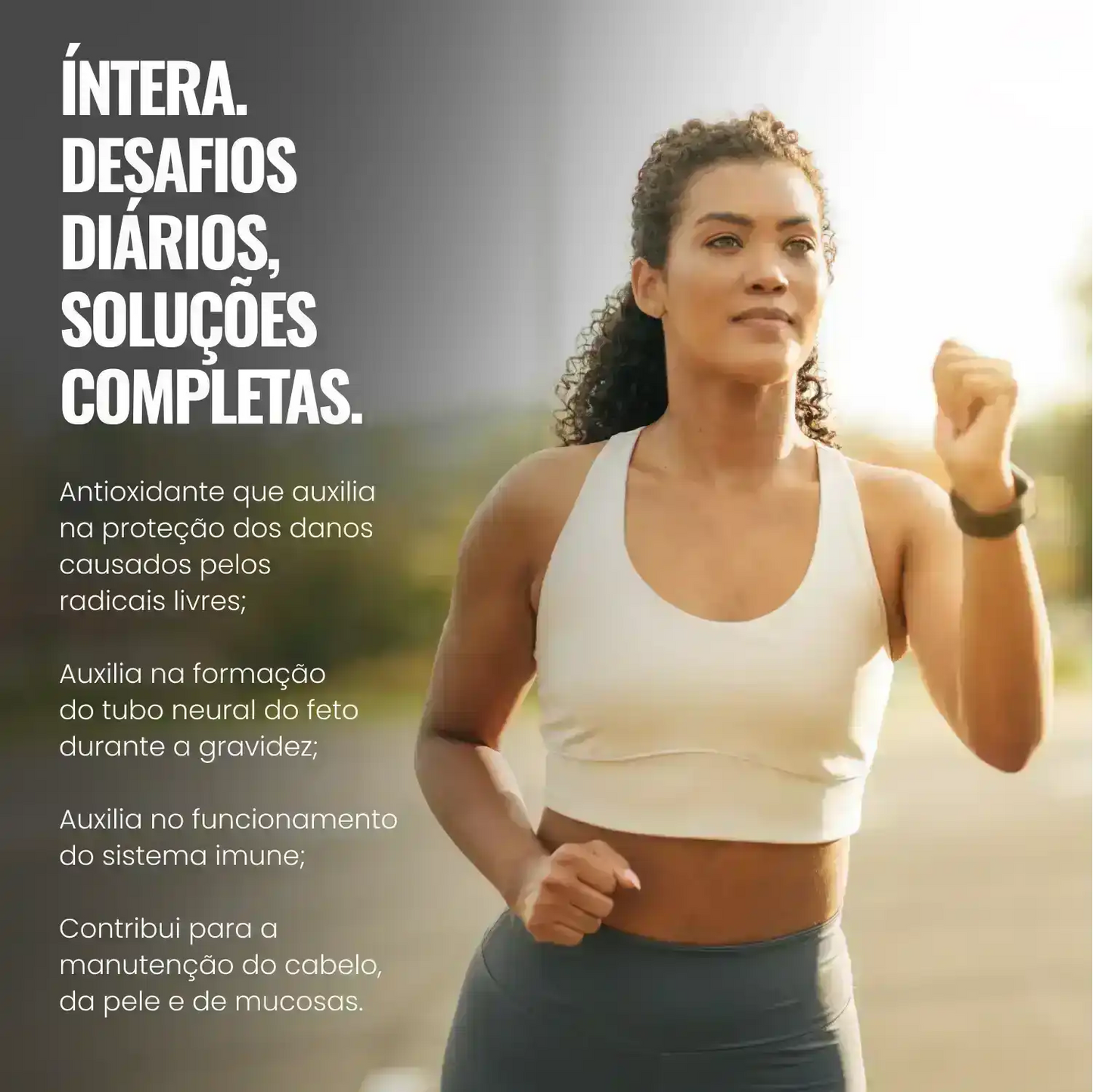 Mulher praticando exercício ao ar livre, texto destaca benefícios antioxidantes para saúde.