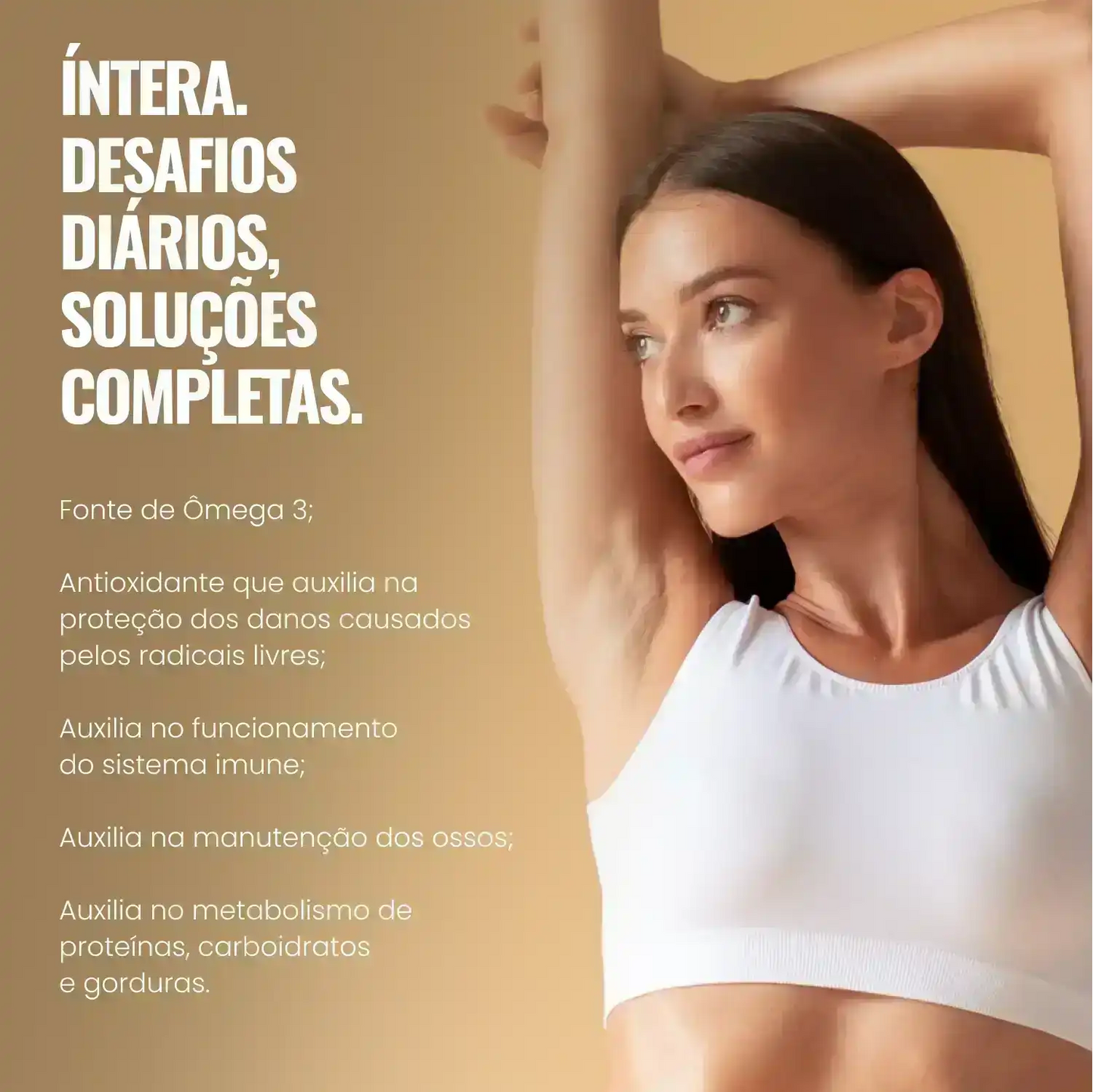 Mulher jovem praticando alongamento, destaque para benefícios de suplemento Ômega 3 no texto.