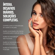 Mulher com pele e cabelo saudáveis ao lado de texto sobre benefícios de suplemento para saúde, beleza, sistema imune e muscular.