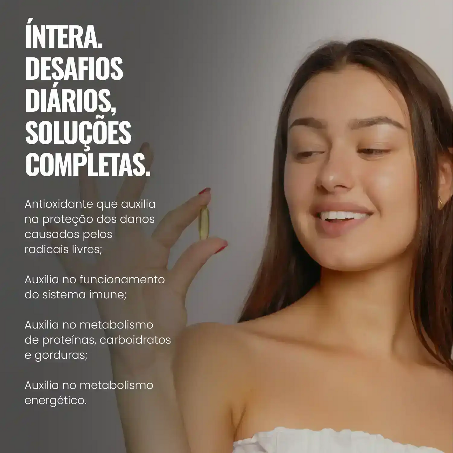 Mulher sorrindo segurando cápsula de suplemento nutricional, benefícios descritos ao lado.