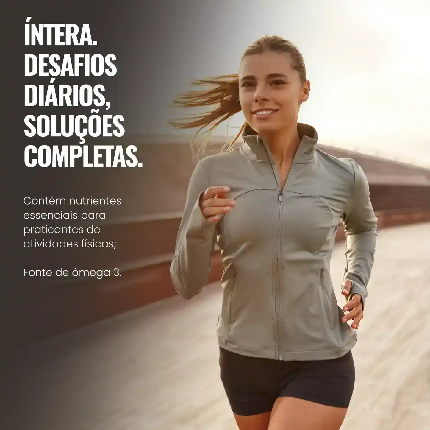 Mulher praticando corrida ao ar livre, representando estilo de vida saudável e suplementação com ômega 3.