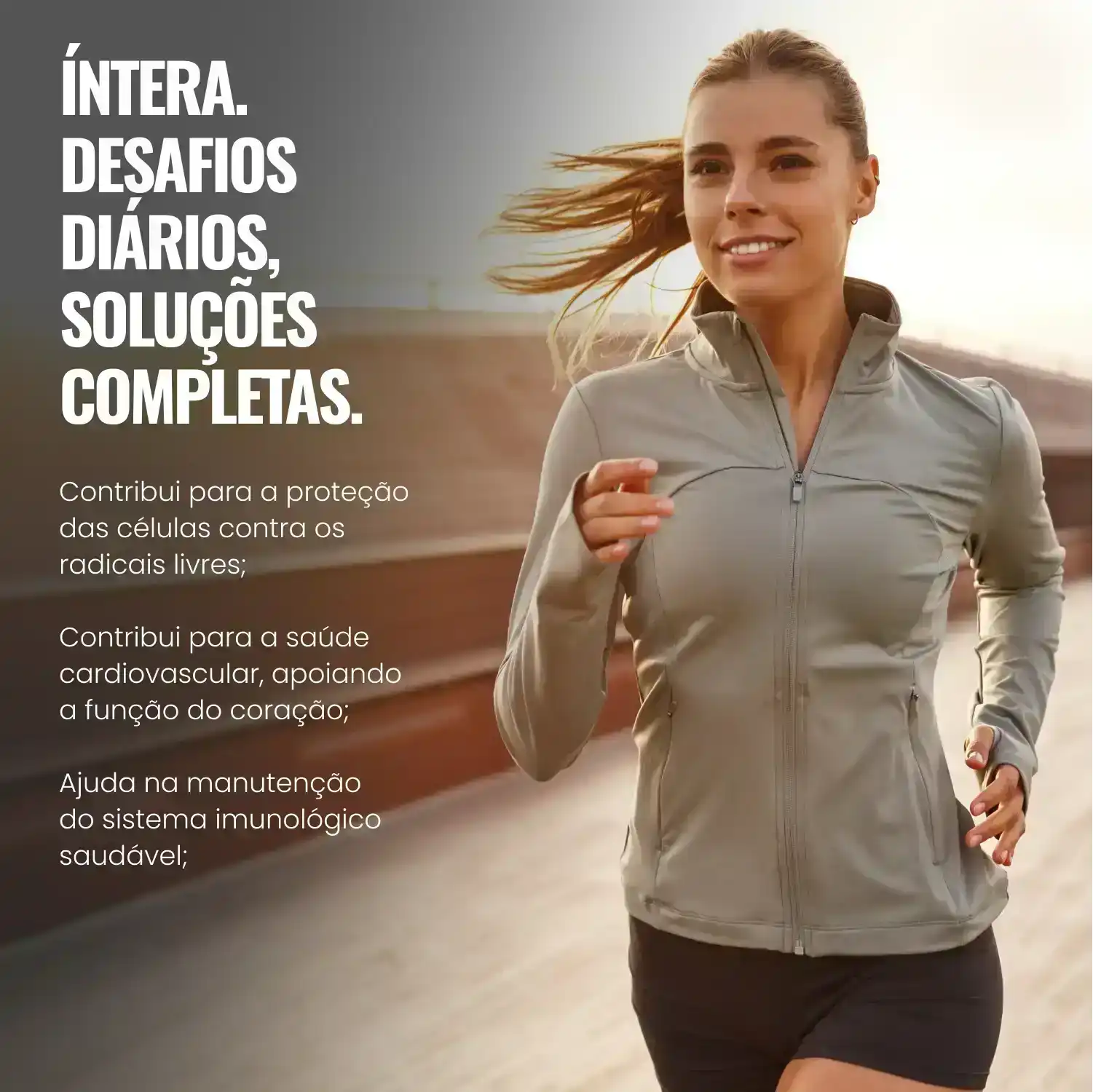 Mulher praticando corrida ao ar livre, representando saúde, imunidade e bem-estar.