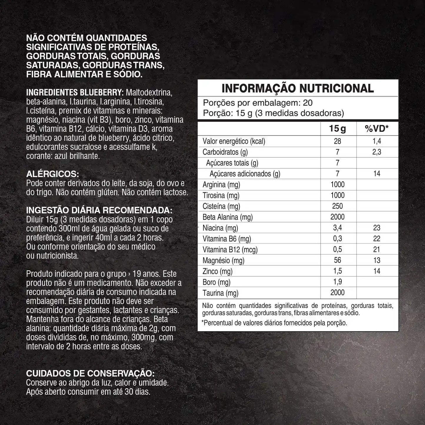 Tabela nutricional e ingredientes do suplemento Blueberry em fundo escuro, texto em português.