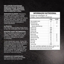 Tabela nutricional e ingredientes do suplemento Blueberry em fundo escuro, texto em português.