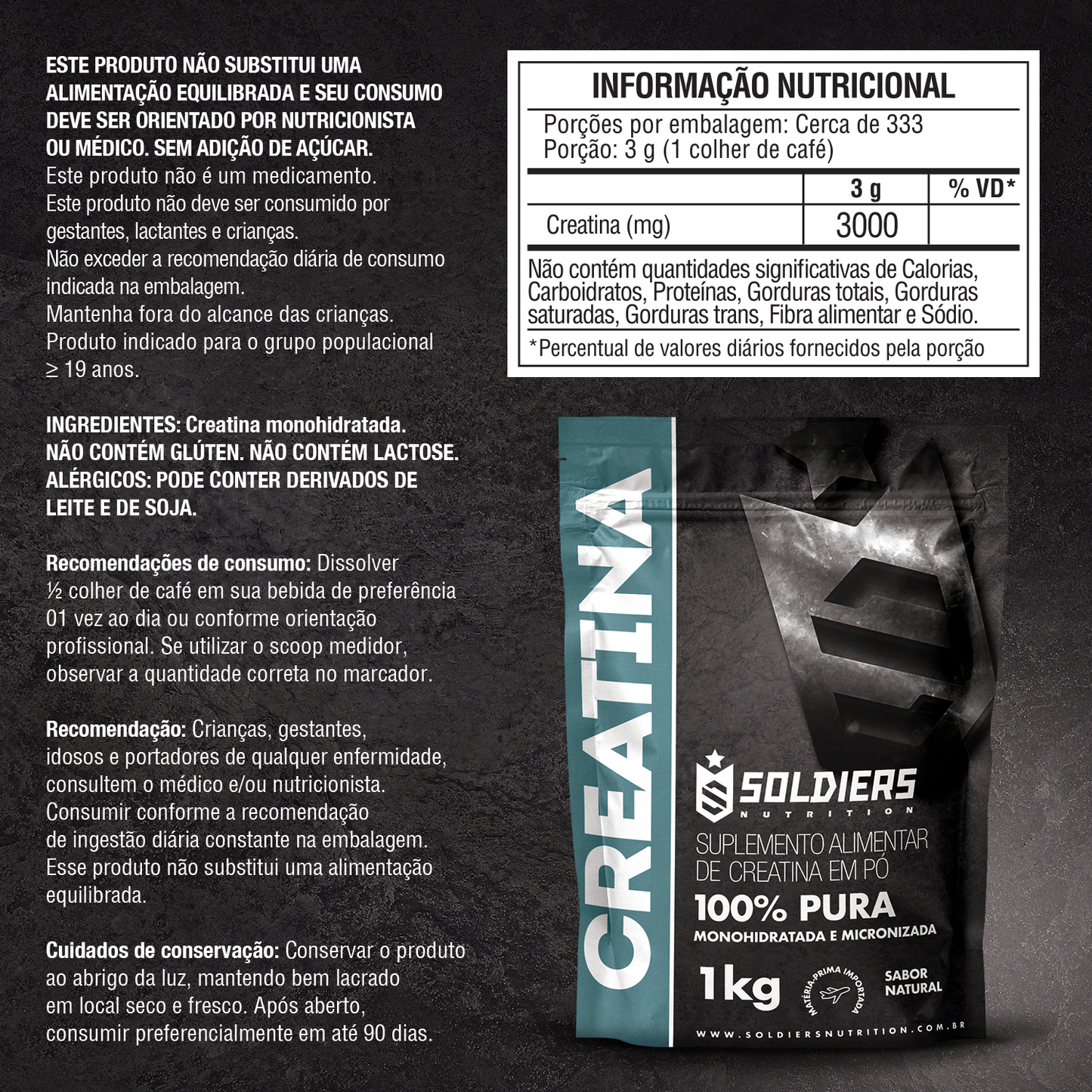 Kit: Creatina Monohidratada 1kg + Creatina Monohidratada 150g - Soldiers Nutrition