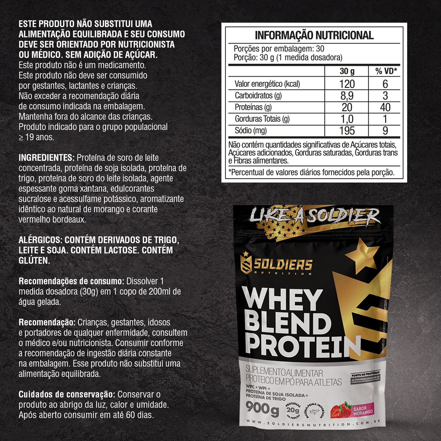 Whey Blend Protein Concentrado e Isolado Morango 900g - Soldiers Nutrition
