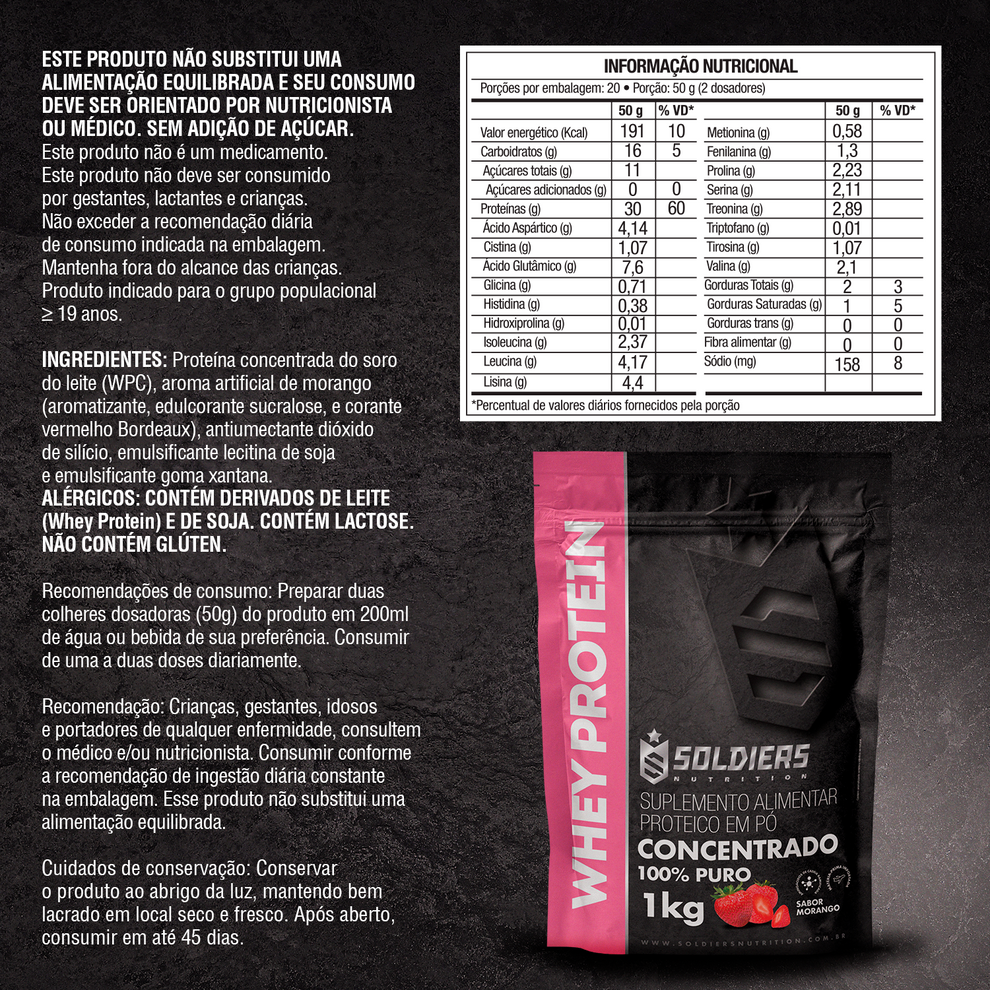 Whey Protein Concentrado 1Kg - Morango - Importado - Soldiers Nutrition