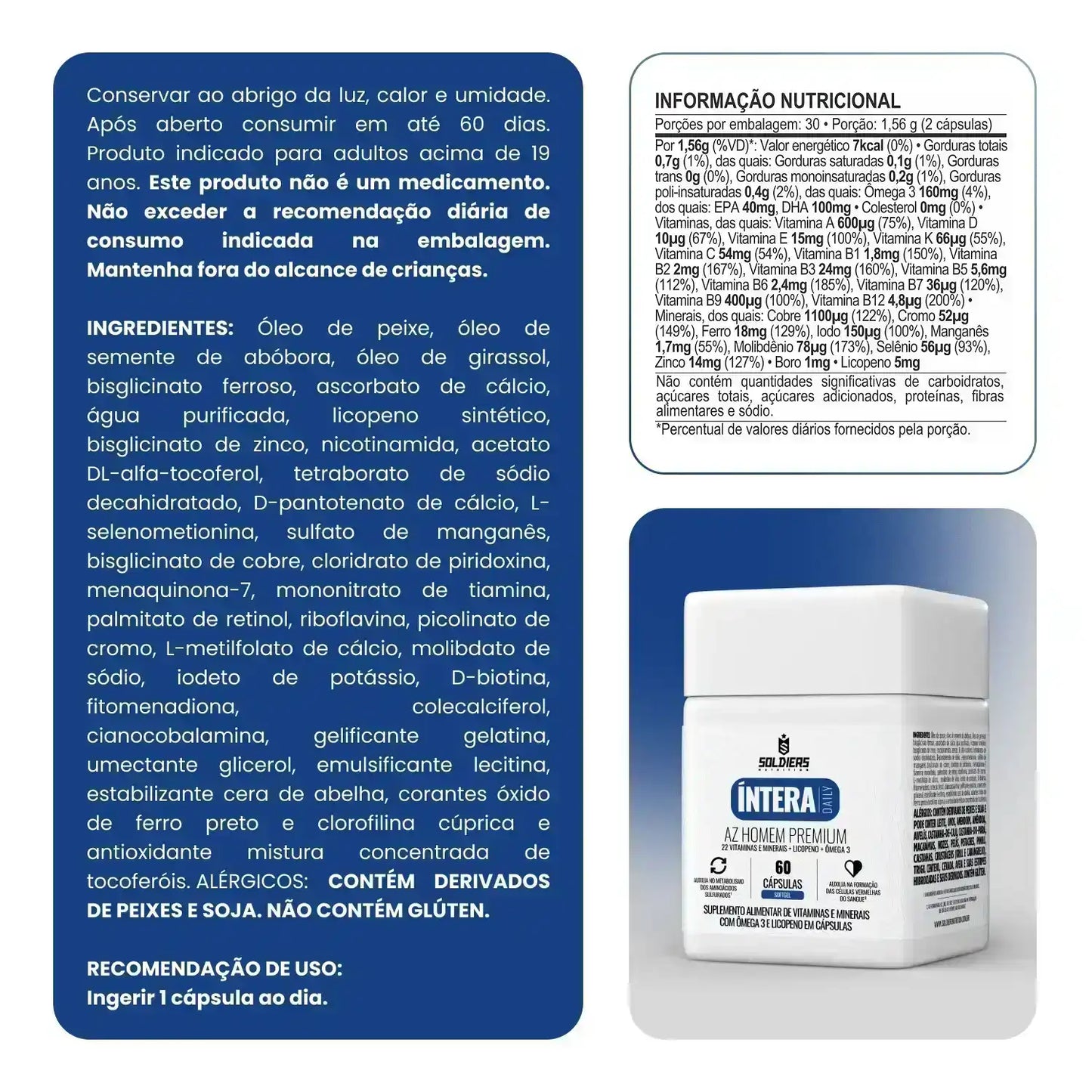 Suplemento alimentar INTÉRA AZ Homem Premium com informações nutricionais, ingredientes e embalagem destacada.