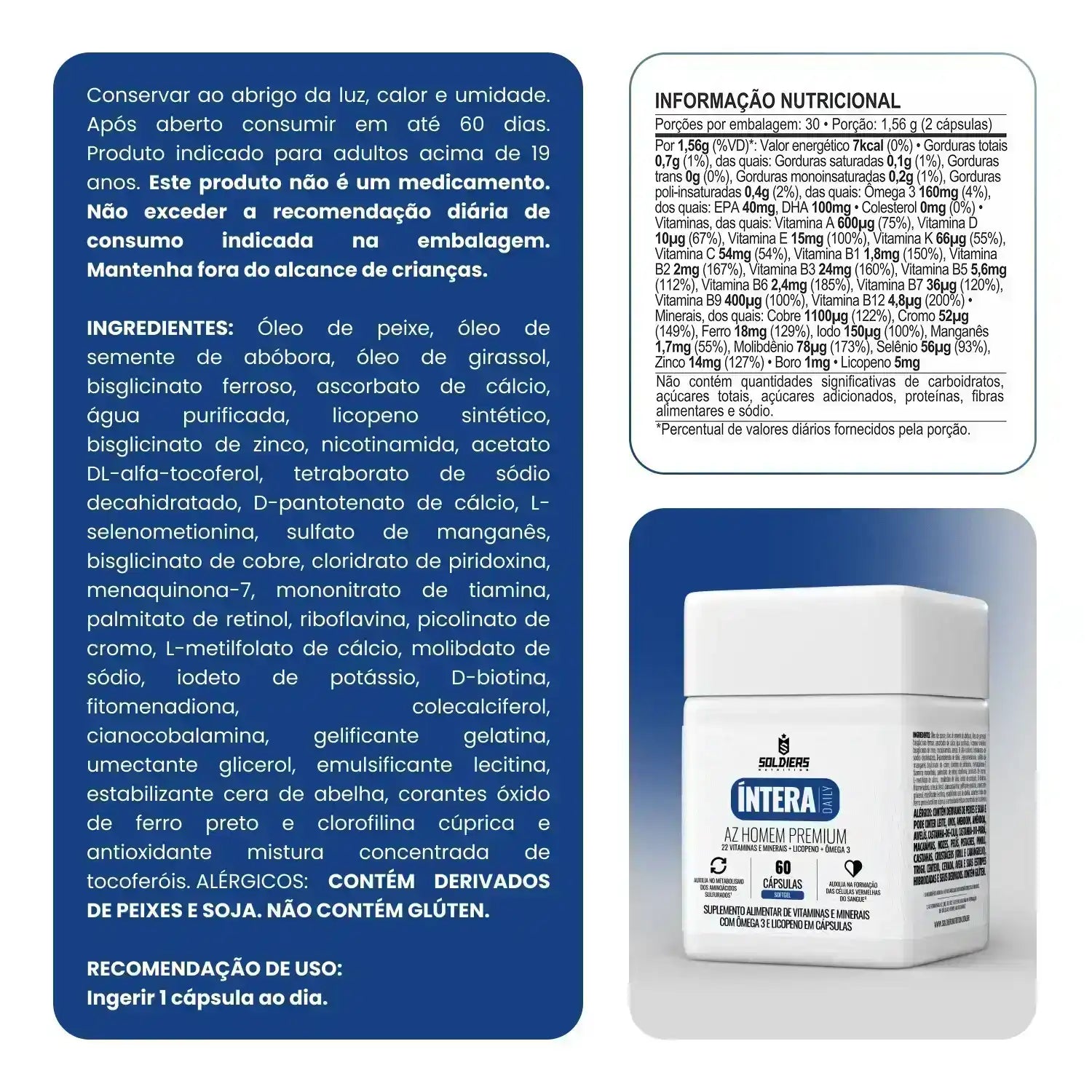 Suplemento alimentar INTÉRA AZ Homem Premium com informações nutricionais, ingredientes e embalagem destacada.