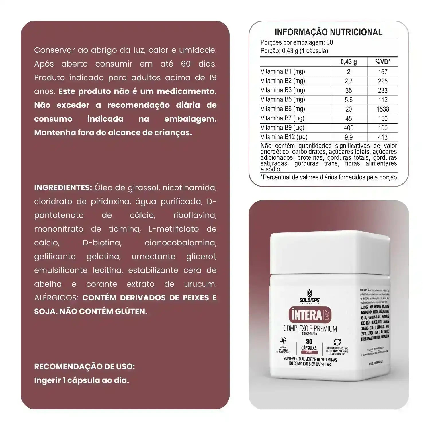 Pote de suplemento alimentar Complexo B Premium com informações nutricionais e ingredientes em destaque.